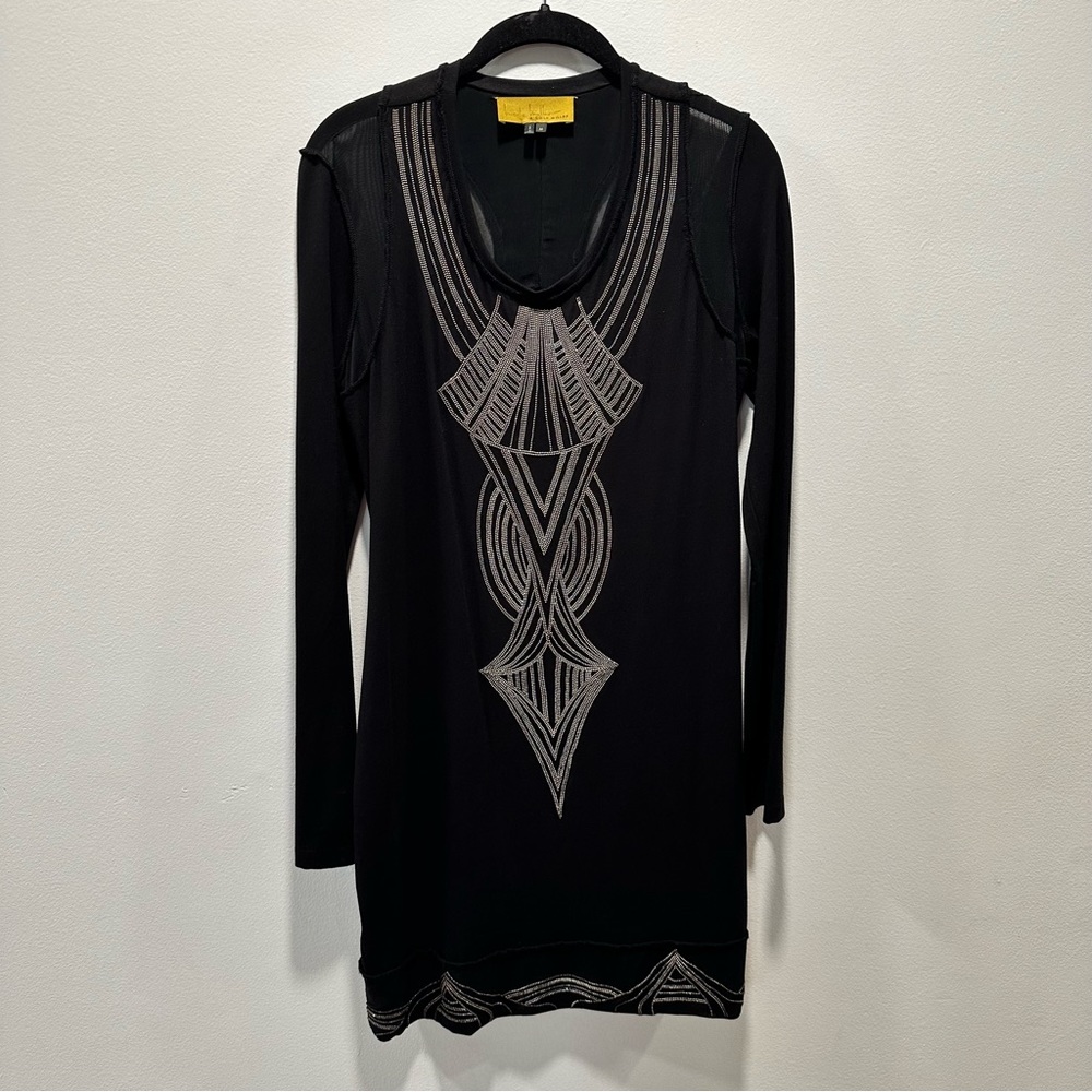 Nicole Miller Rhinestone Raw Hem Long Sleeve Open Back Cocktail Dress Size M